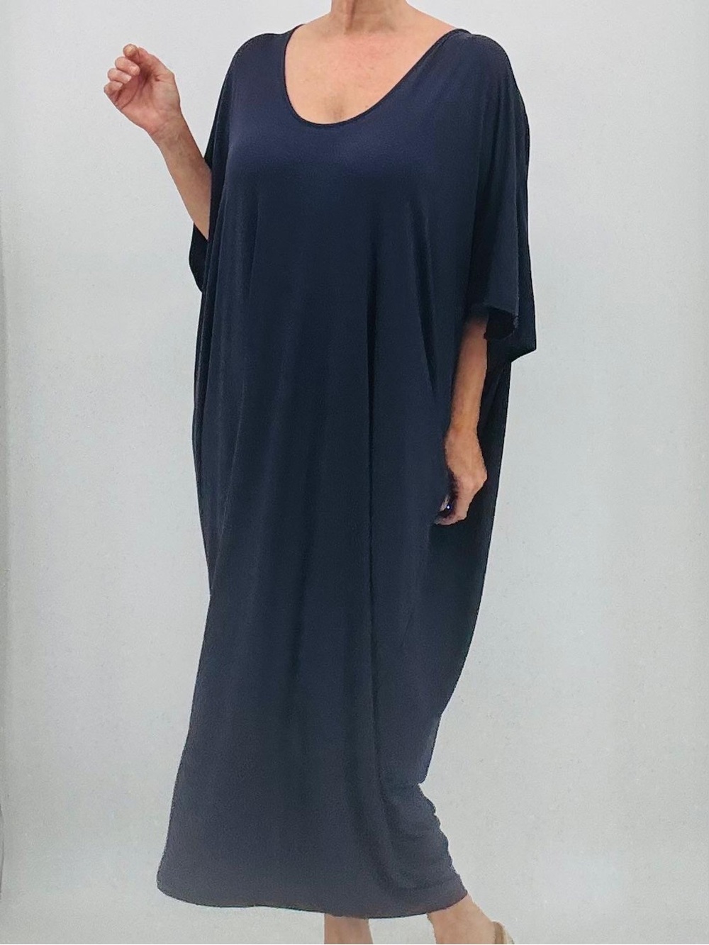 Barefoot Dreams Luxe Milk Jersey Navy Blue Caftan Loungewear Cocoon Dress
